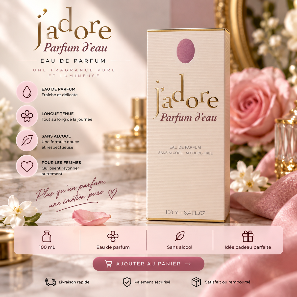 Douceur Dorée – Parfum d'Eau Femme Florale (sans alcool) – 100ml