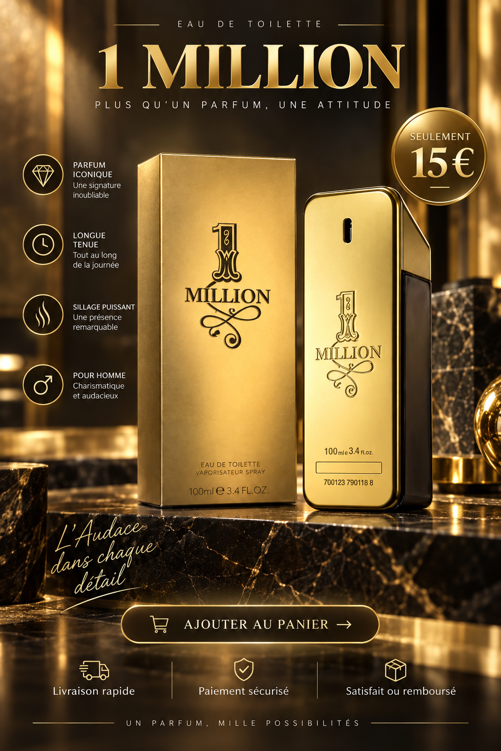 Lingot Doré – Eau de Toilette Homme Boisée Épicée – 100ml